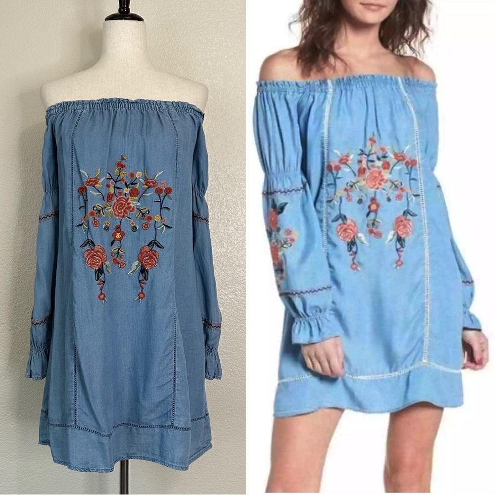 Socialite 100% Lyocell Chambray Embroidered Floral Flared Cuffs Dress, Sz Medium